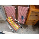 Two striped wooden deck chairs, metal framed chair etc.