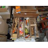 Five drawers of hand tools, wire brush, fixings and fastenings, etc.