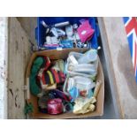 Box of kitchen storage tubs, telephone, extension leads, hot water bottle etc.