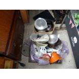 Two boxes of oven metalware, bean slicer and kitchen plastics etc.