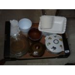 Box of casserole dishes, glass plates, planters etc.