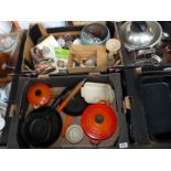 Two boxes containing Le Creuset casserole, milk pan, frying pan, cookbooks, vase etc.