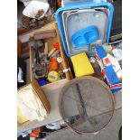 Box of tools, drill, various screws, dusters, garden sieve, trays etc.