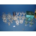 A boxed set of wine glasses and miscellaneous brandy balloon glasses, wine glasses,