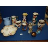 A box of china including Toby jugs, Dudley jug, miscellaneous other jugs, Laugharne pottery tankard,