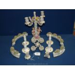 A quantity of china including a Capo-di-monte candelabra a/f having two cherubs to the base,