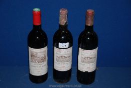 Three bottles of red wine including two of Chateau Du Glana Saint Julien 1988 and a bottle of