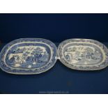 Two blue and white Willow pattern meat plates.