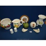 A quantity of china including planter with raised fruit pattern, white dove condiment set,