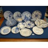 A quantity of blue and white china including Delft plates, Booths hors d'oeuvre dish,