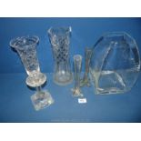 A quantity of glass including vases, candlestick, square design modern vase a/f, bud vases, etc.