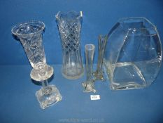 A quantity of glass including vases, candlestick, square design modern vase a/f, bud vases, etc.