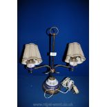 A double brass and ceramic electric Lamp with shades, 17'' high overall.