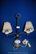 A double brass and ceramic electric Lamp with shades, 17'' high overall.