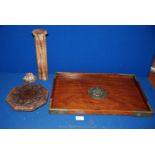 An Eastern hardwood brass bound tray, a carved pot and an incense stick stand.