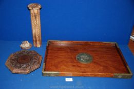 An Eastern hardwood brass bound tray, a carved pot and an incense stick stand.