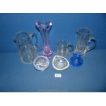 A quantity of glass including Webb's mauve studio Vase, lemonade jugs, swirl design dishes, etc.