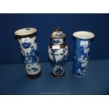 Three oriental Vases including Chinese Quing blue and white Hawthorn porcelain sleeve vase 10 1/2"