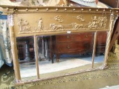 A gold painted triple Over-mantel Mirror having bevelled glass,