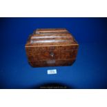 A Burr wood veneered sarcophagus Tea Caddy with two compartments, (missing escutcheon and handles),