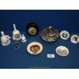 A quantity of china including bells, Chokin Art dish and vase, lidded powder pot, etc.