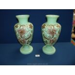A pair of pale green Vases, embossed with Chrysanthemums in pink and gold, 14 1/2" tall.