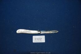 A silver bladed Fruit Knife with mother of pearl handle having diamond and geometric design and two