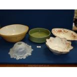 A Green's mixing bowl, shallow green Royal Barumware planter and floral dishes,