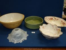 A Green's mixing bowl, shallow green Royal Barumware planter and floral dishes,