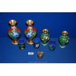 Two pairs of mirrored cloisonne Vases, three water pots and a heart-shaped trinket box.
