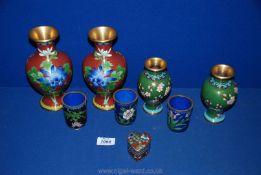 Two pairs of mirrored cloisonne Vases, three water pots and a heart-shaped trinket box.