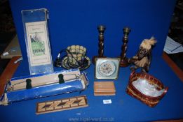 A quantity of miscellanea including wooden ethnic figure, clock, wooden candlesticks,