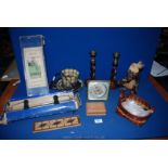 A quantity of miscellanea including wooden ethnic figure, clock, wooden candlesticks,