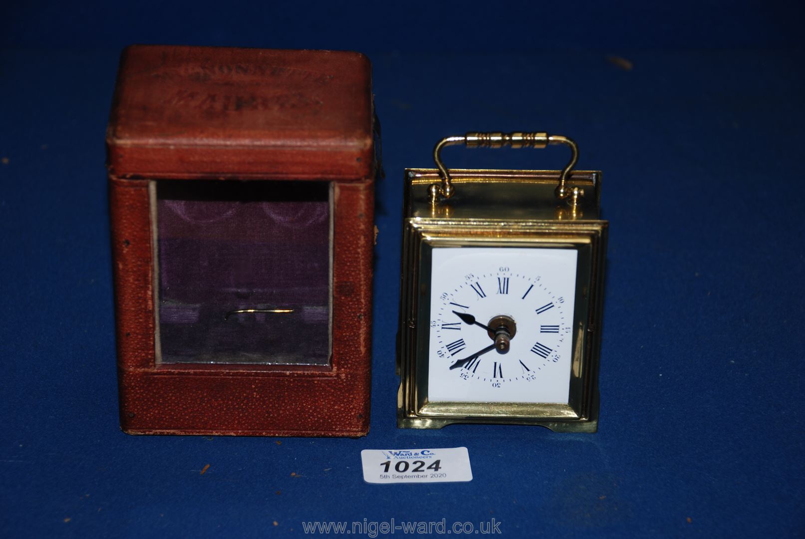 A Brass Carriage Clock in leather case, circa 1900, marked C. Maurel, Paris, 5'' high overall.