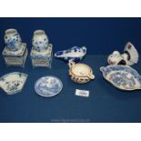 A quantity of blue and white china including small modern 3" Spode plate, oriental vases,