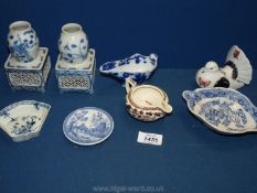 A quantity of blue and white china including small modern 3" Spode plate, oriental vases,