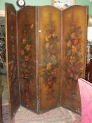A large four-fold modesty Screen, oil painted against a shading gold background with roses,