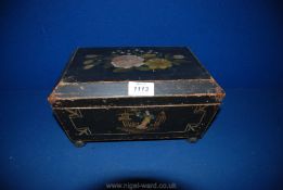 A black ground Jewellery Box with floral and oriental painted decoration, a/f,