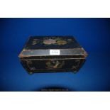 A black ground Jewellery Box with floral and oriental painted decoration, a/f,