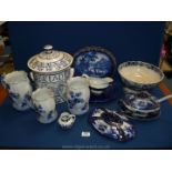 A quantity of flo blue china including trio of jugs, meat plate, sauce boat, etc.