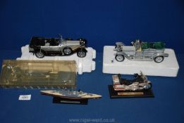 Two Franklin Mint Rolls Royce Silver Ghosts 1907 and 1925 with model Honda Gold Wing and a ship H.M.