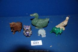 A small quantity of miniature animals including green stone, cloisonne and wood.