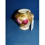 A small rose decorated Royal Worcester Pot, 4" high, (lid missing), some rubbing to the gilt,