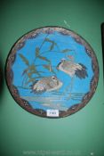 A Cloisonne Charger with nesting Herons design on blue ground and with spiral decoration to reverse,