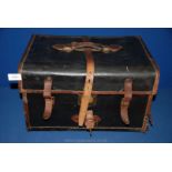 A small black leather Trunk with brown leather stitching and strap, 17 1/2'' x 13''.
