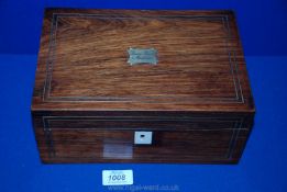 A Rosewood brass inlaid jewellery Box, circa 1880 with a plaque inscribed ''Jane Pierce Maurice'',