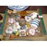 A quantity of china including hand thrown Welsh made candlesticks, heart shaped trinket pots,