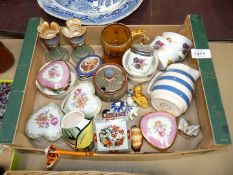 A quantity of china including hand thrown Welsh made candlesticks, heart shaped trinket pots,