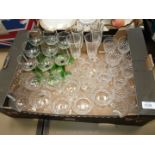 A quantity of glasses including Tudor champagne bowls, sherry liqueur, green stemmed hock glasses,