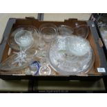 A quantity of pressed glass including hors d'oeuvre set, candle holders, fruit bowls,